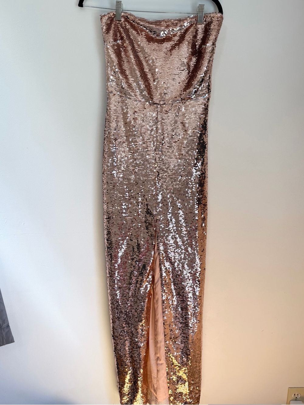 Lovers and Friends pink sequin gown slit strapless wedding guest size small